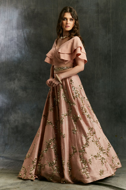 Pink Sequin Jaal Lehenga With Frill Blouse