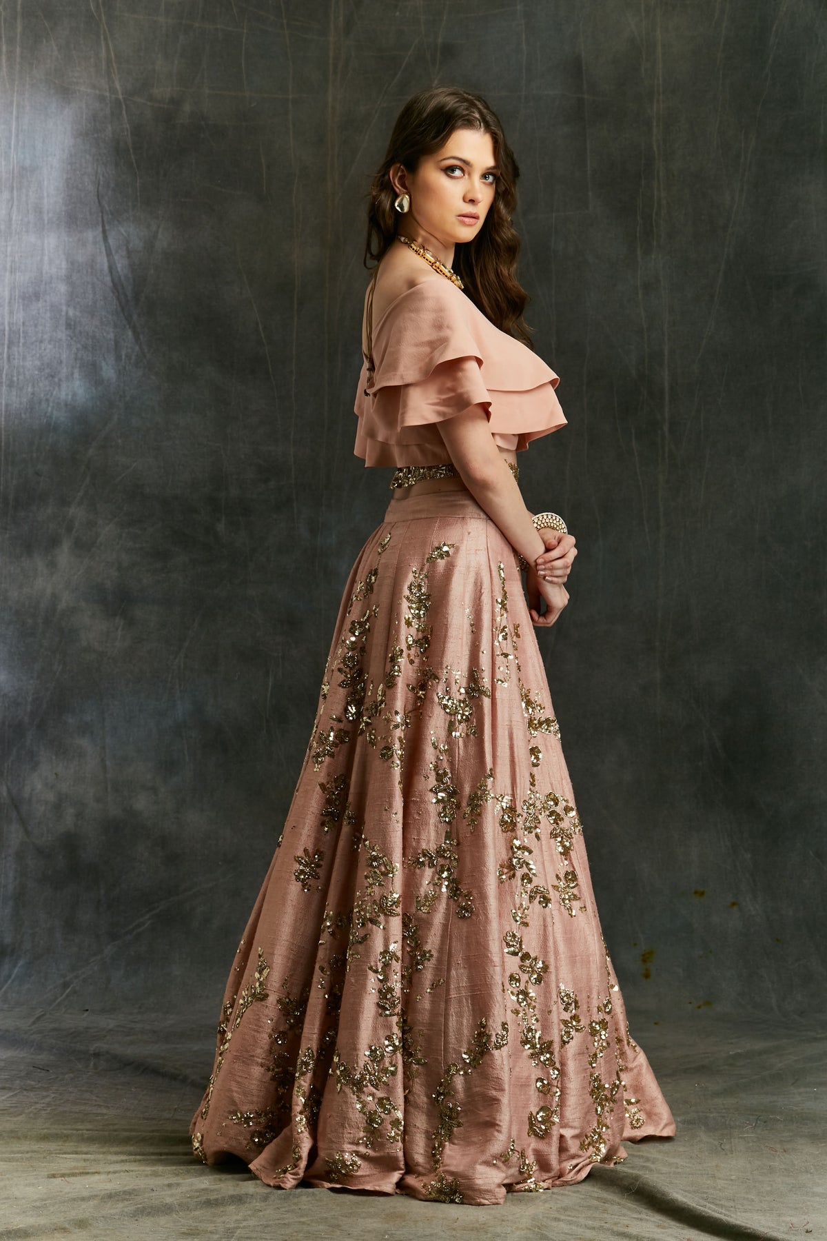 Pink Sequin Jaal Lehenga With Frill Blouse
