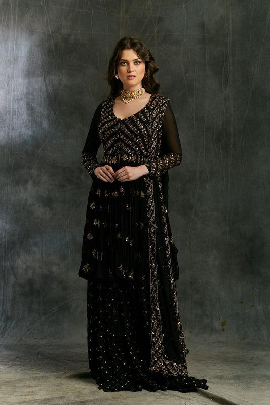 Black And Gold Georgette Jacket Sharara