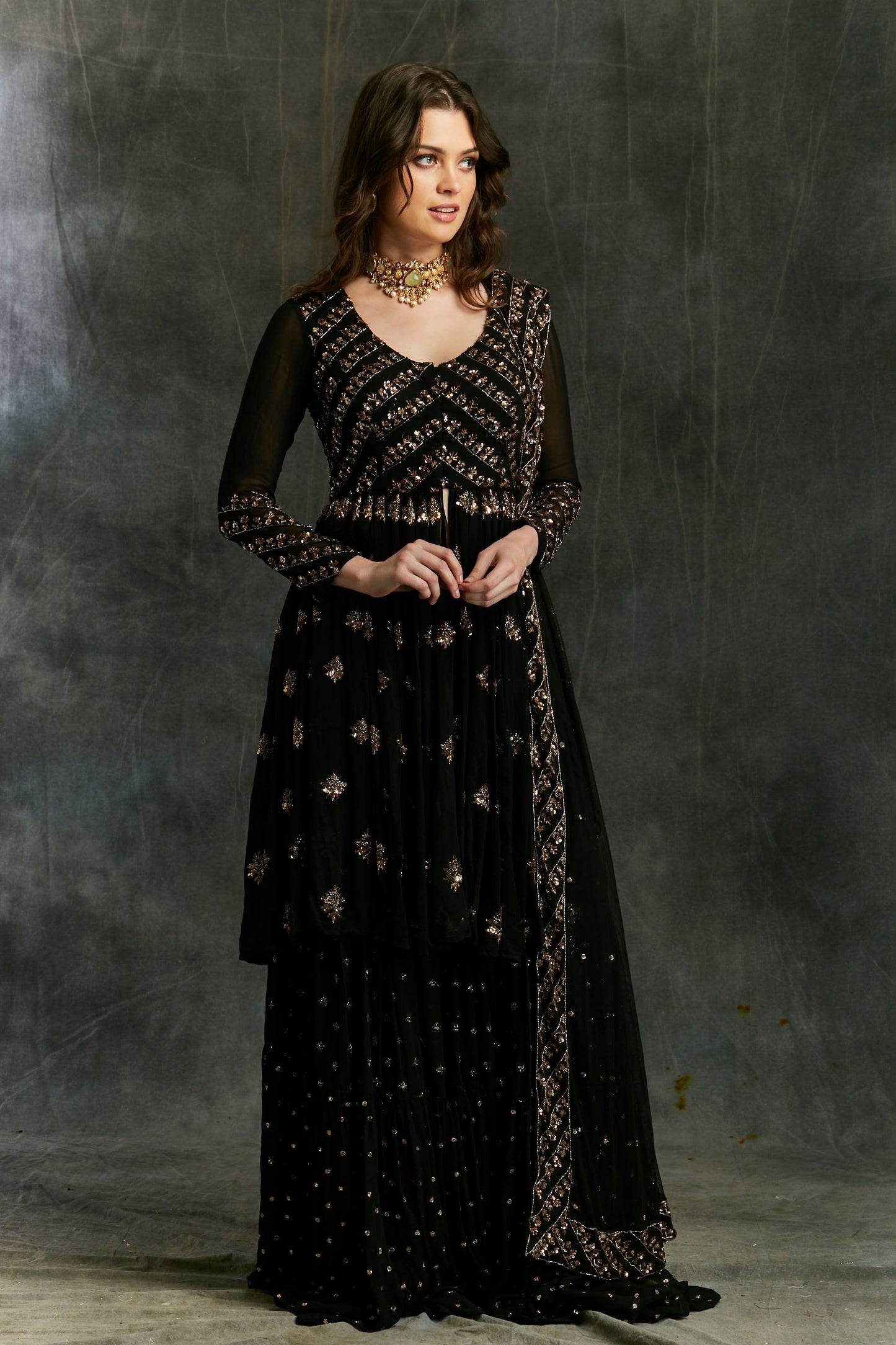Black And Gold Georgette Jacket Sharara
