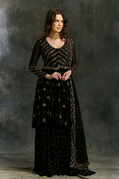 Black And Gold Georgette Jacket Sharara