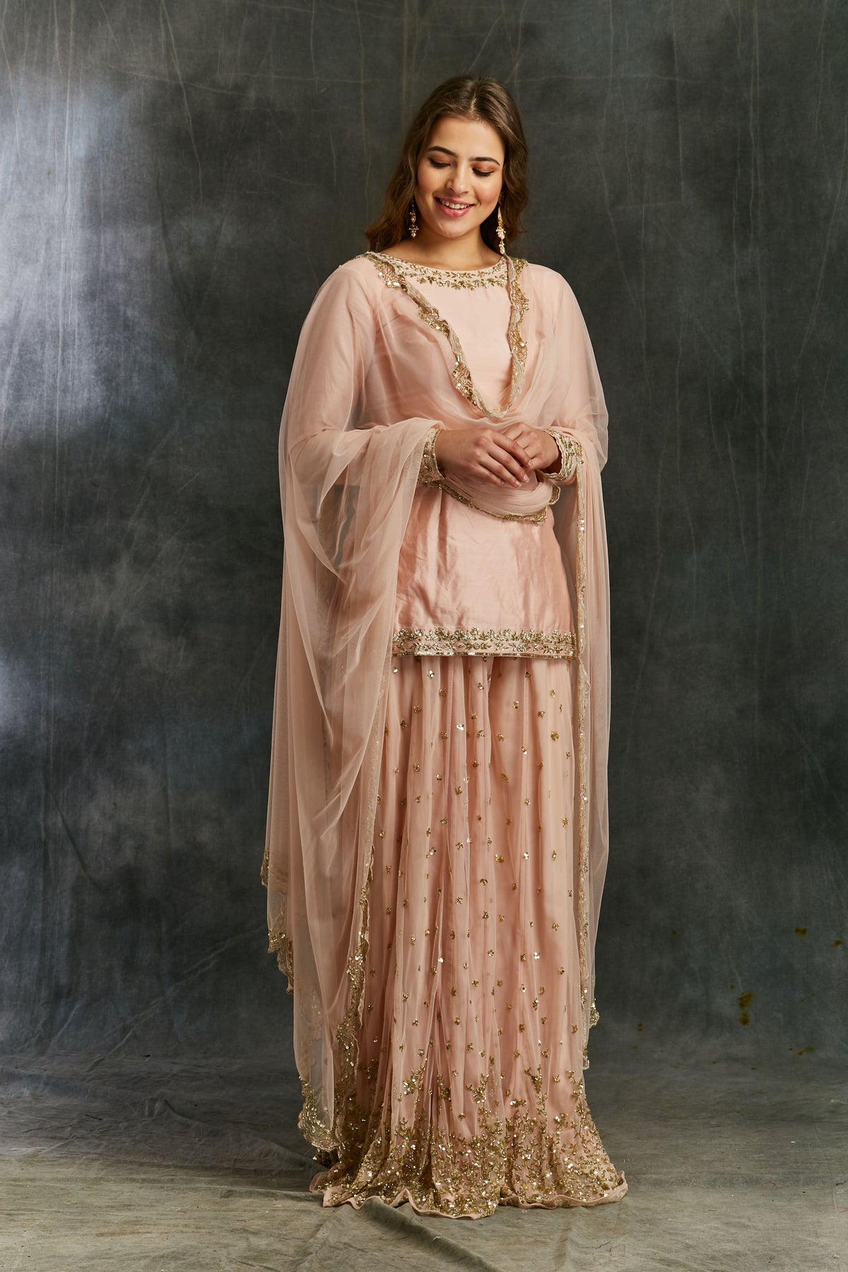 Pink Silk Kurta With Shimmer Sharara