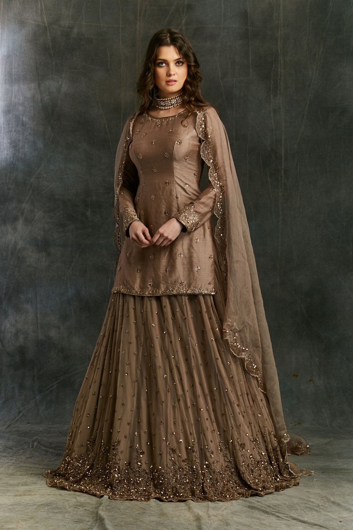 Grey Brown Raw Silk Kurta With Shimmer Lehenga