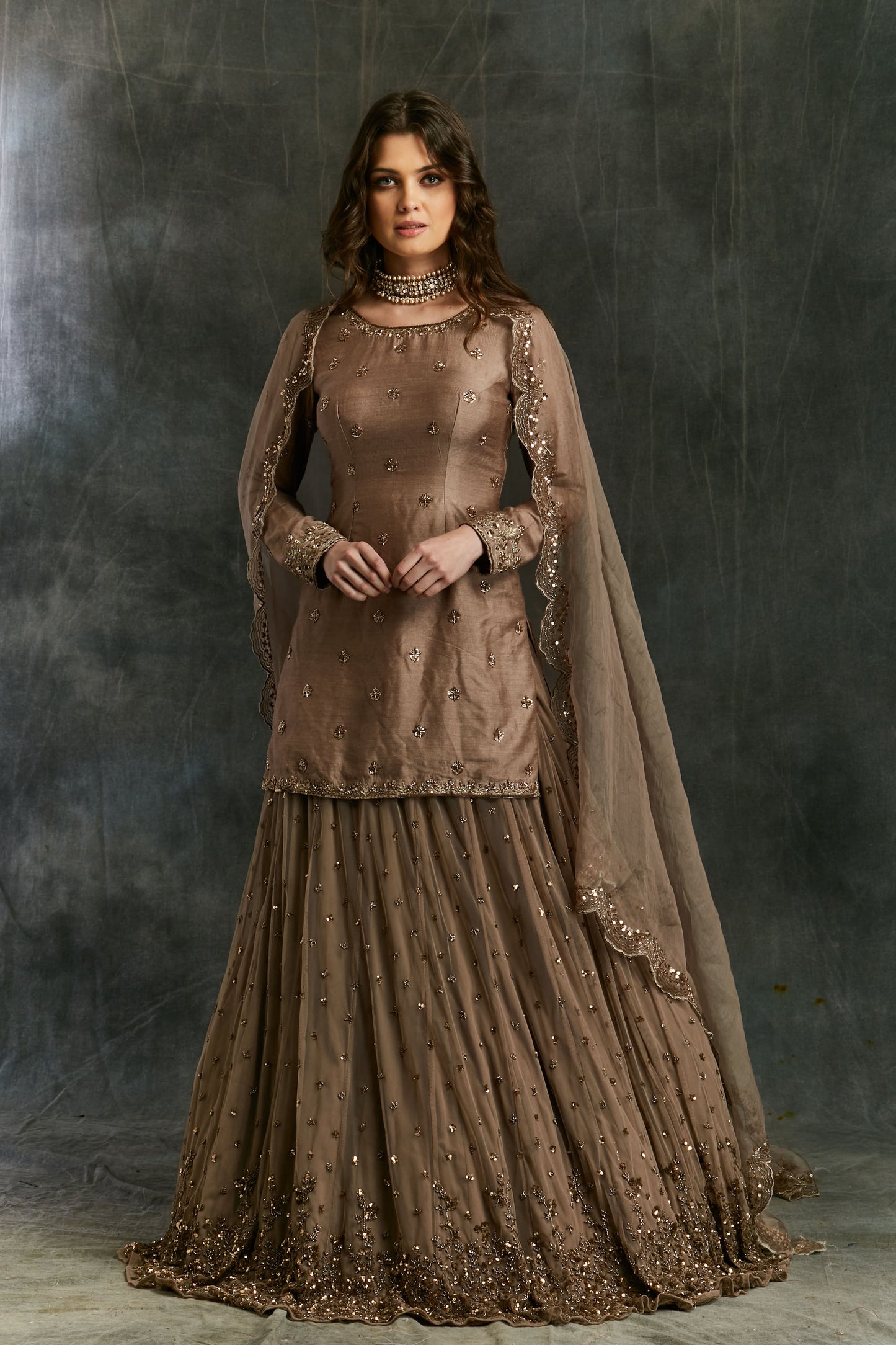 Grey Brown Raw Silk Kurta With Shimmer Lehenga