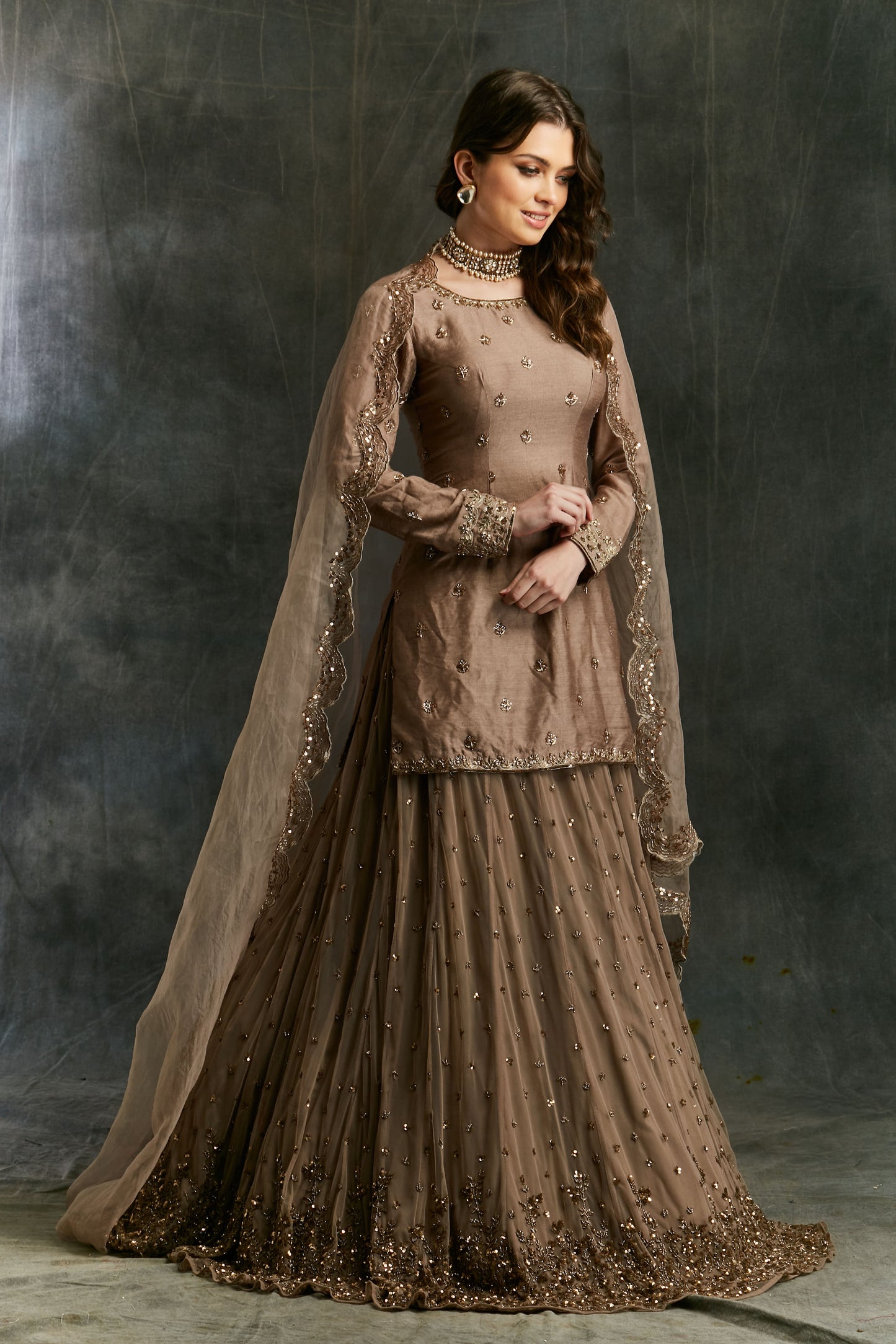 Grey Brown Raw Silk Kurta With Shimmer Lehenga