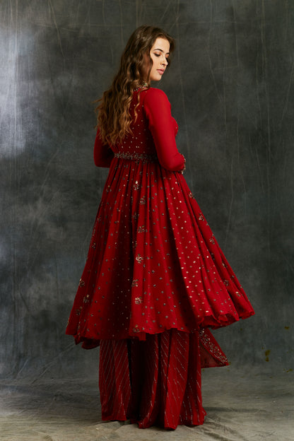 Red Georgette Anarkali With Sharara