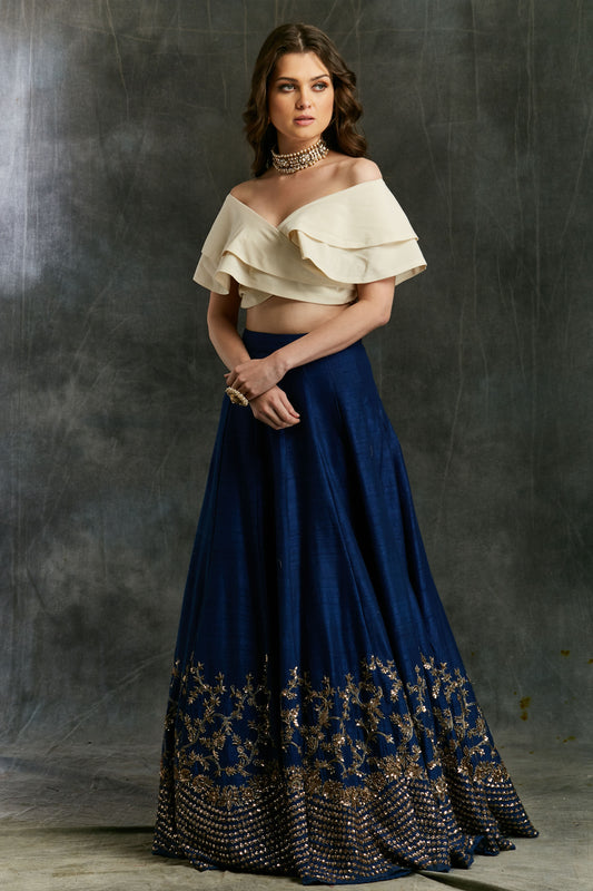 Blue Border Lehenga With Off Shoulder Wrap Crop Top