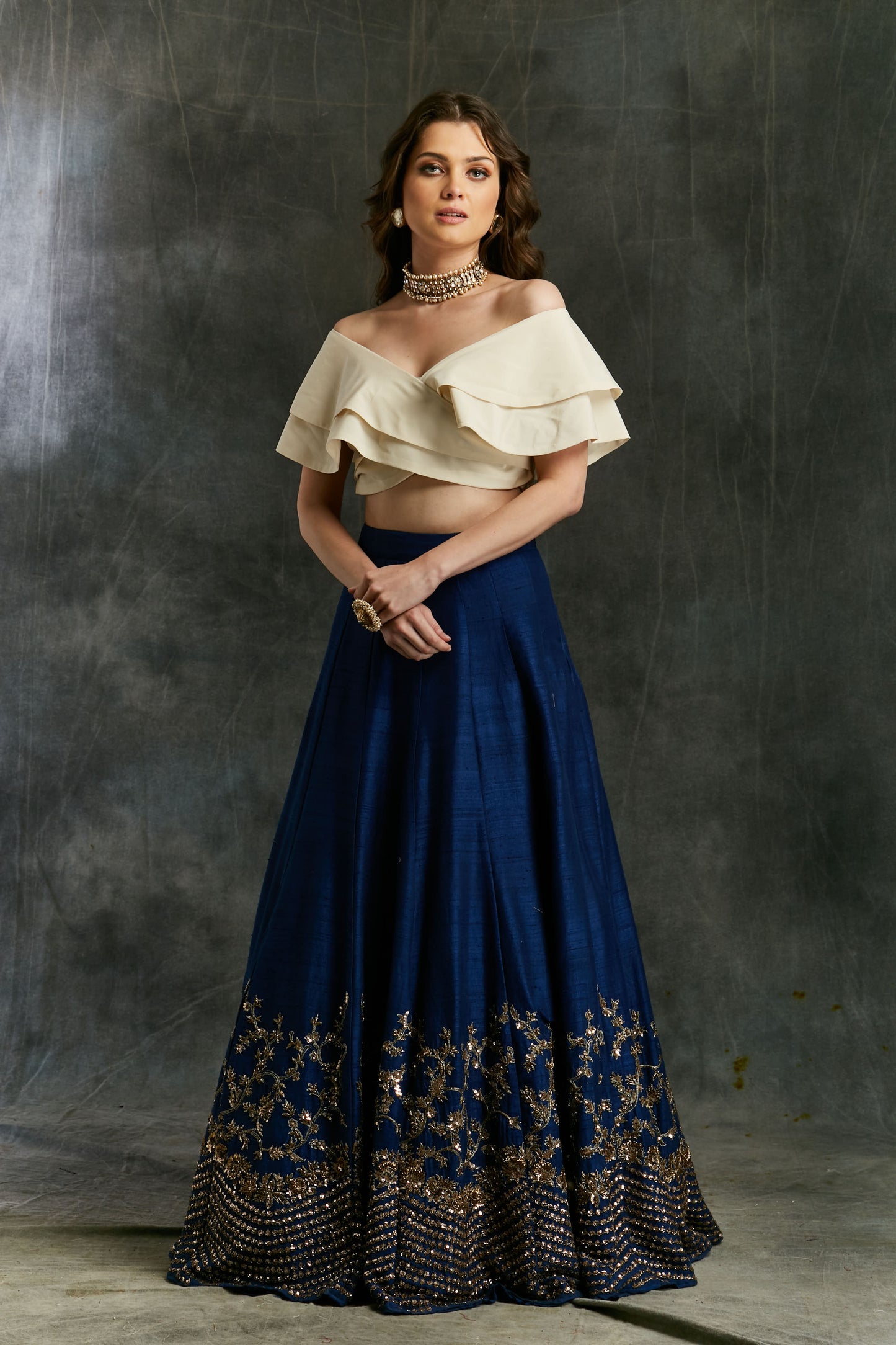 Blue Border Lehenga With Off Shoulder Wrap Crop Top