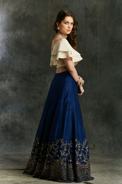 Blue Border Lehenga With Off Shoulder Wrap Crop Top