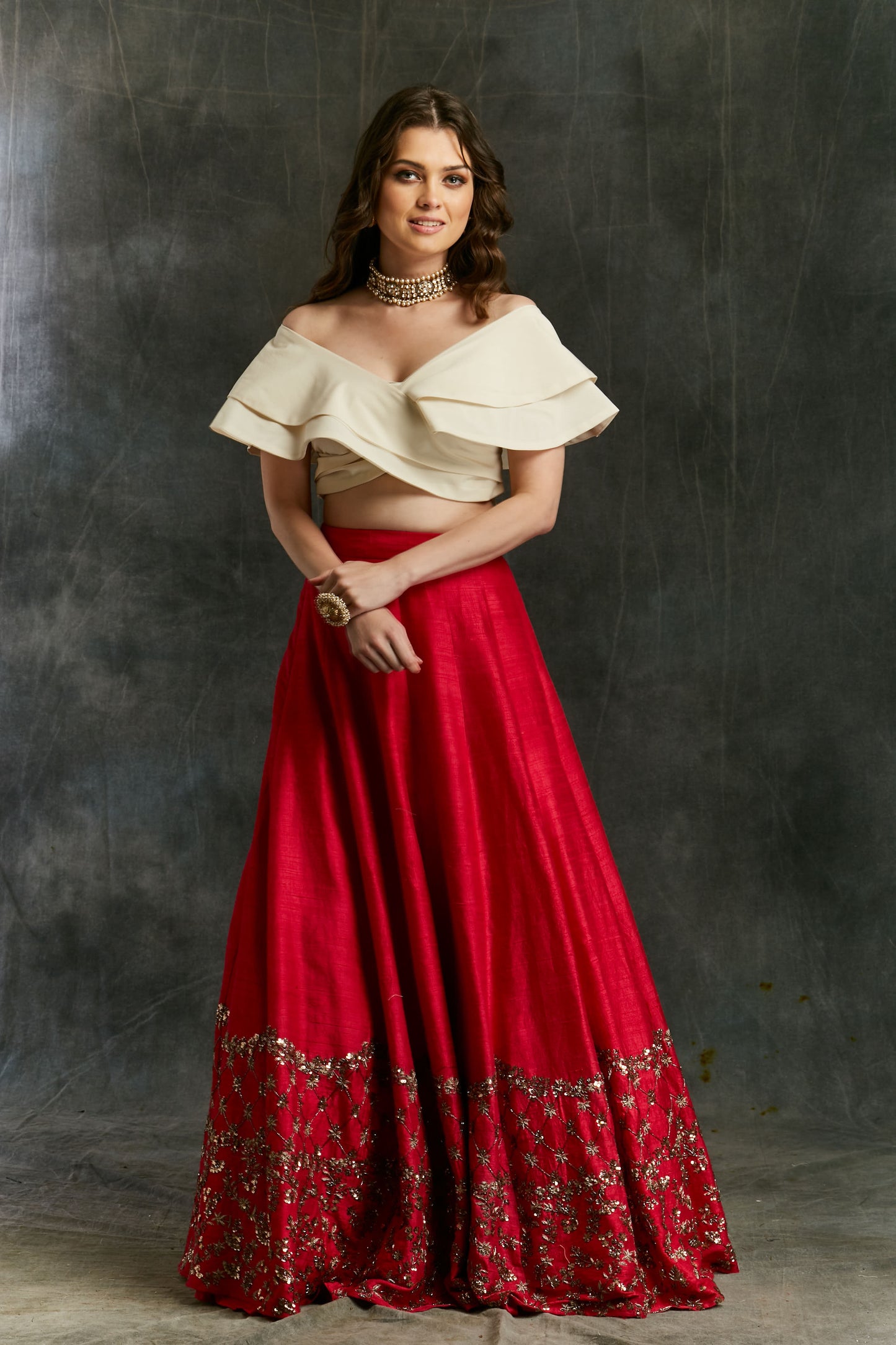 Red Border Lehenga With Off Shoulder Crop Top