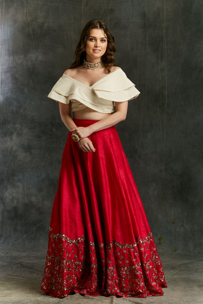 Red Border Lehenga With Off Shoulder Crop Top