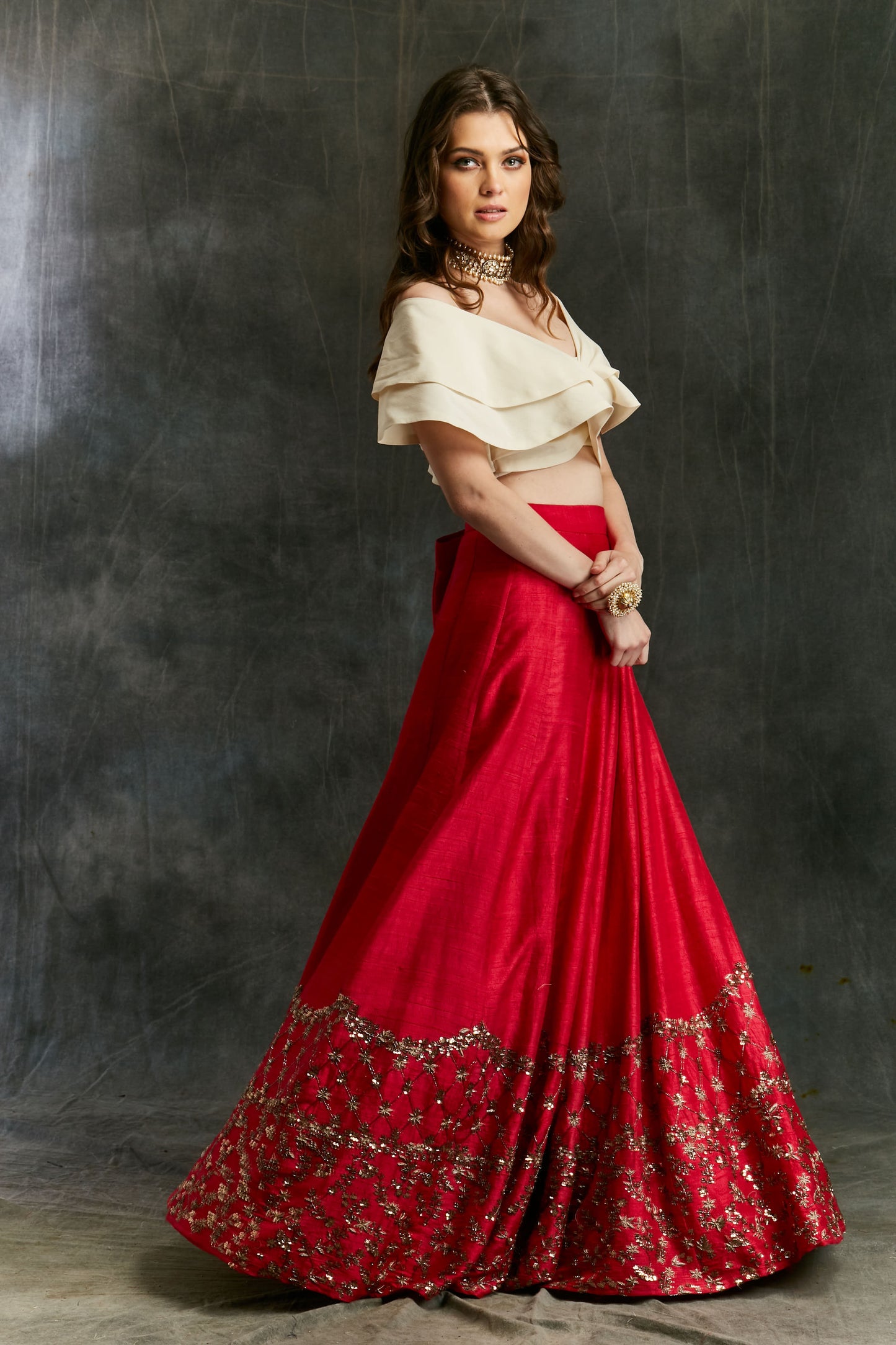 Red Border Lehenga With Off Shoulder Crop Top