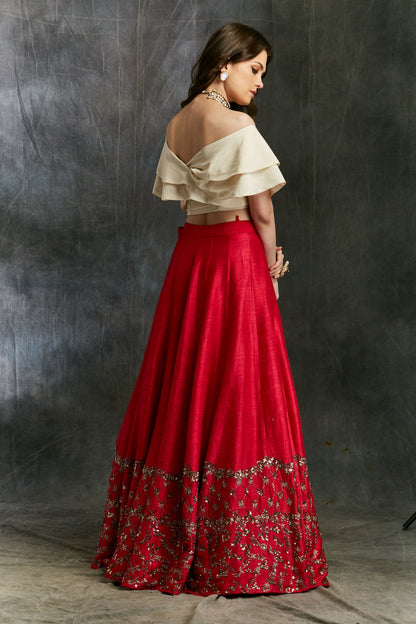 Red Border Lehenga With Off Shoulder Crop Top