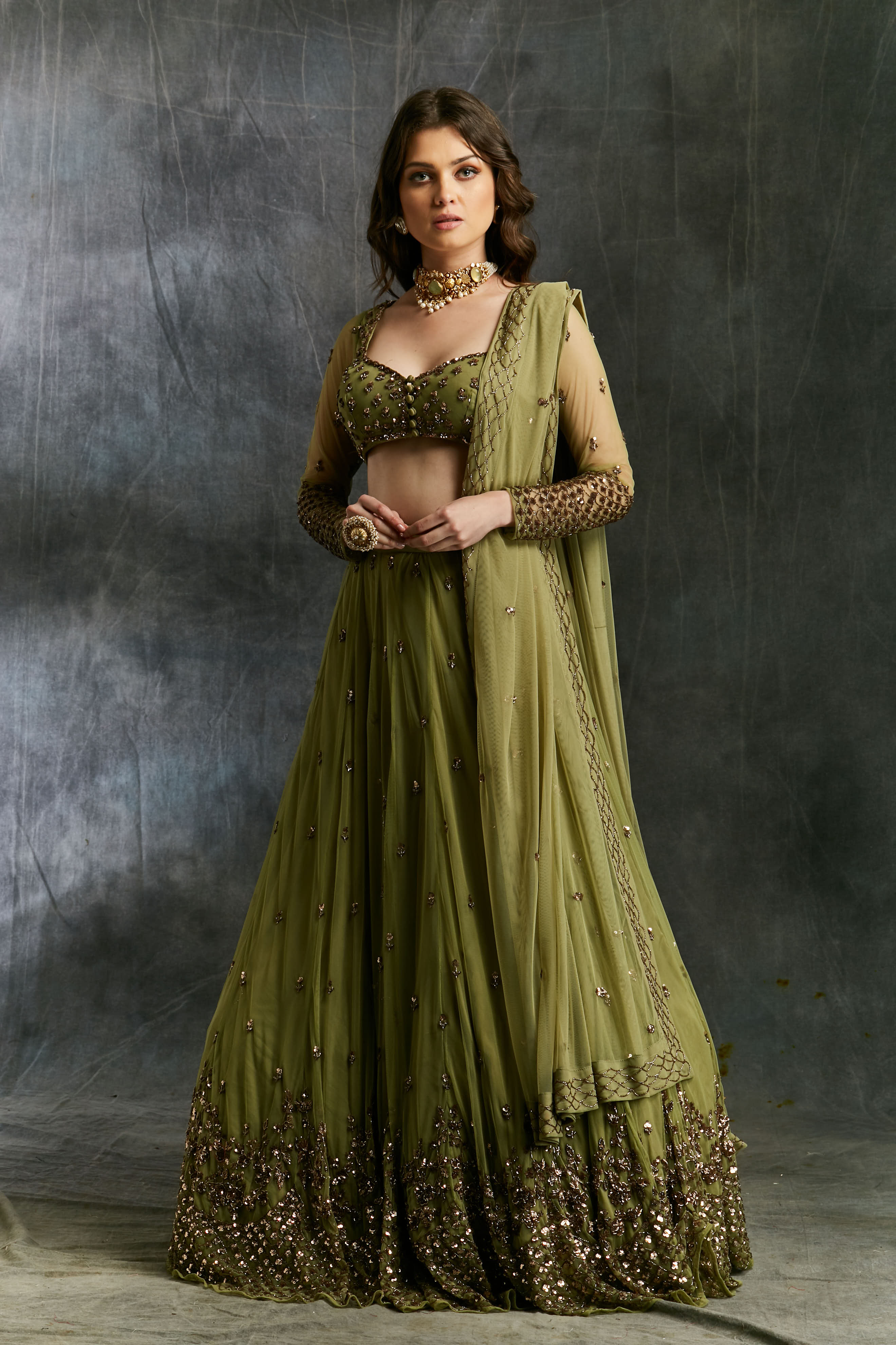 green emerald velvet dress Olive Green Readymade Polyester Indian Dress main image 0