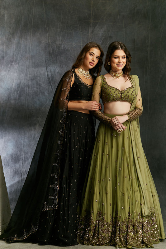 Black Silk Lehenga With Antique Work
