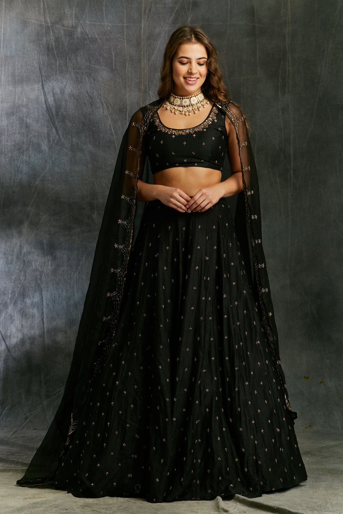Black Silk Lehenga With Antique Work