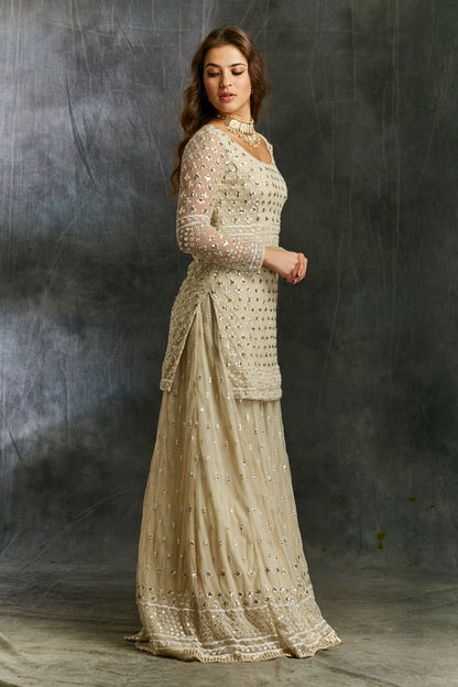 White Threadwork Kurti And Sharara Set