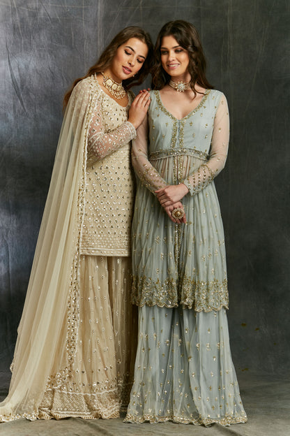 White Threadwork Kurti And Sharara Set