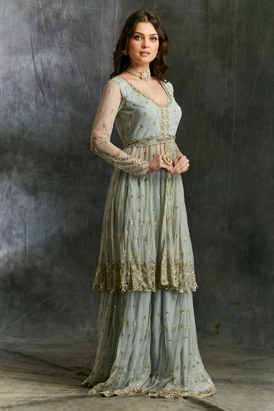 Sky Blue Flare Jacket With Sharara
