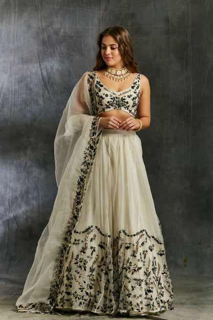 White Organza With Green And Black Threadwork Lehenga