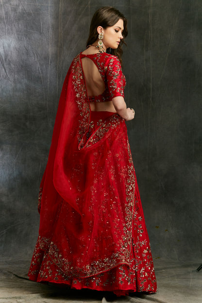 Red Floral Jaal Zari Lehenga