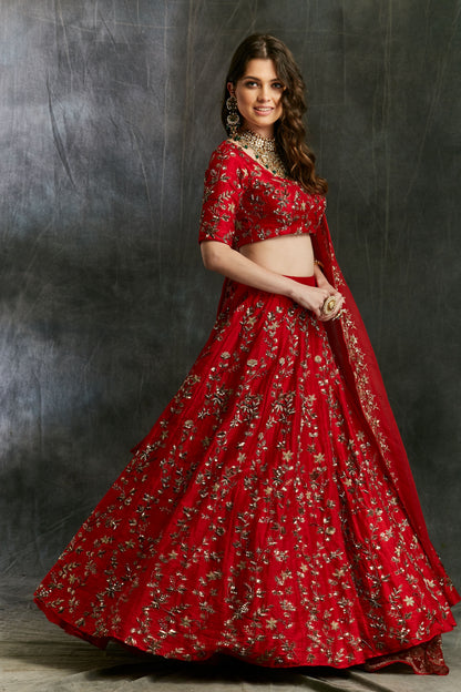Red Floral Jaal Zari Lehenga