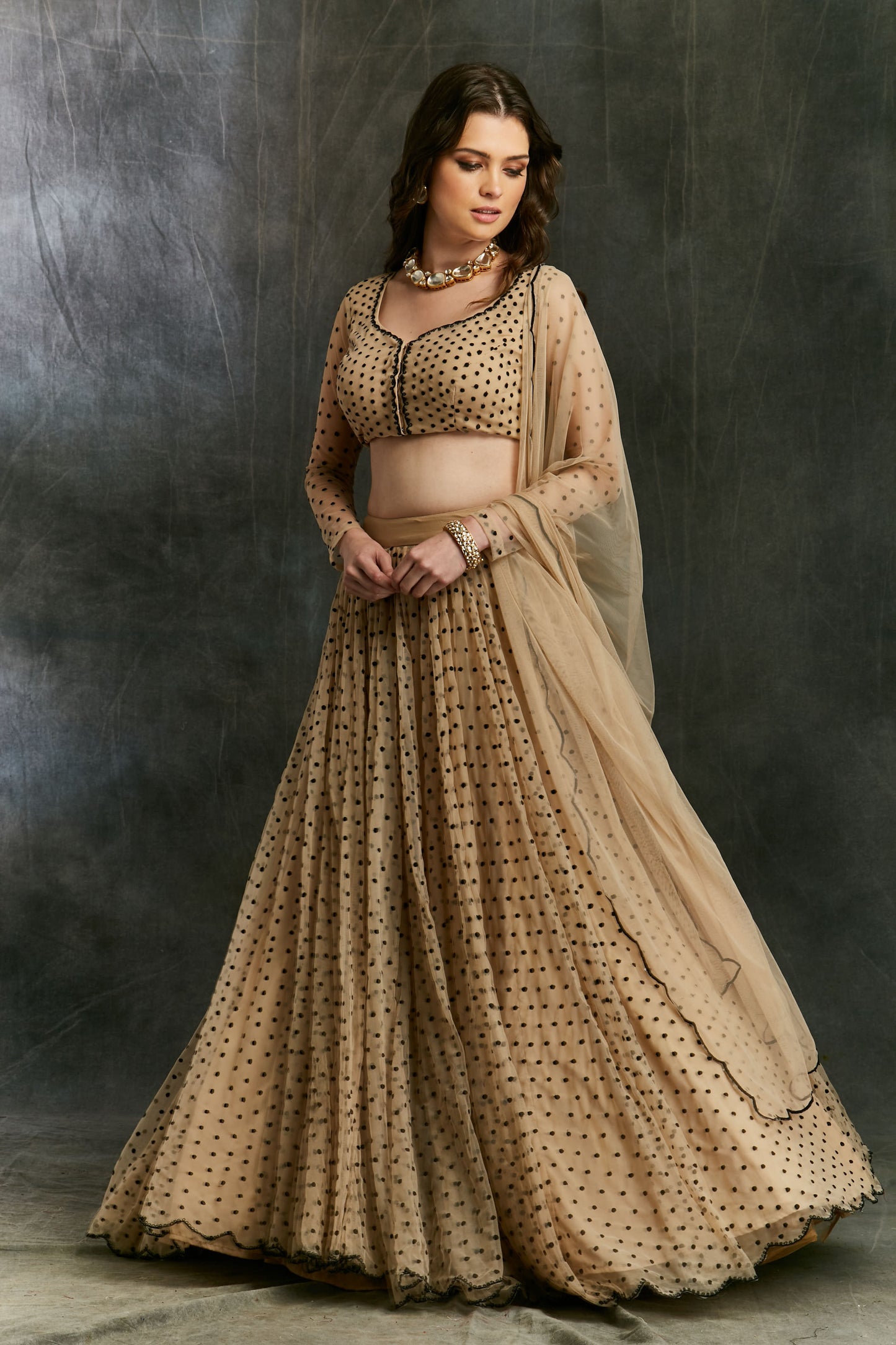 Beige And Black Polka Dotted Lehenga