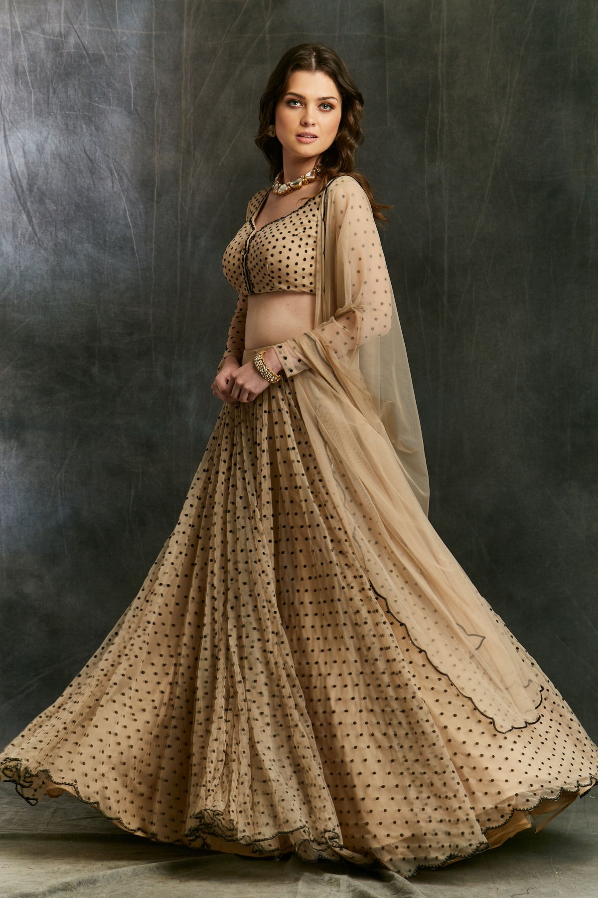 Beige And Black Polka Dotted Lehenga
