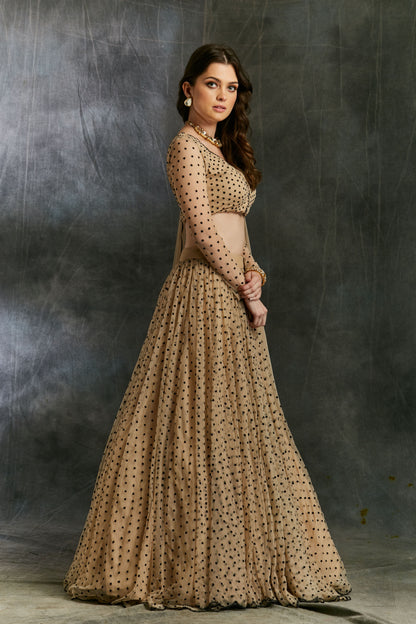 Beige And Black Polka Dotted Lehenga