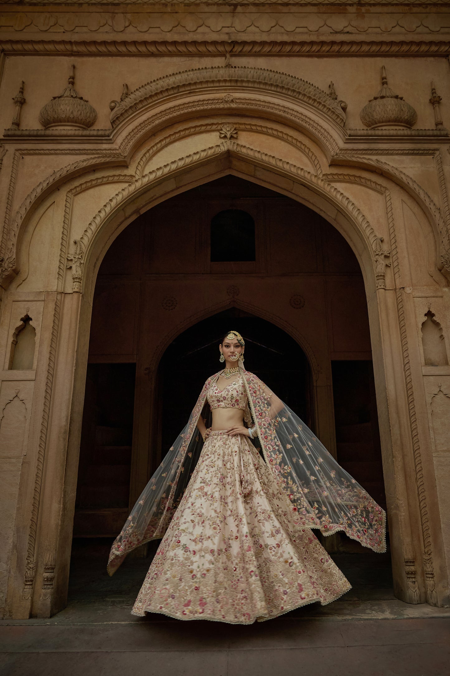 Peach Raw Silk Zari Hand & Machine Embroidered Lehenga Set