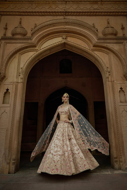 Peach Raw Silk Zari Hand & Machine Embroidered Lehenga Set