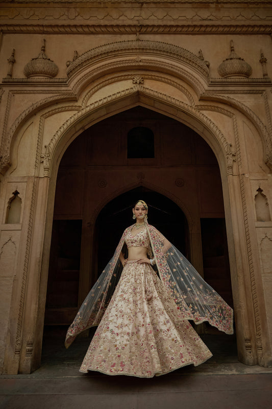 Peach Raw Silk Zari Hand & Machine Embroidered Lehenga Set