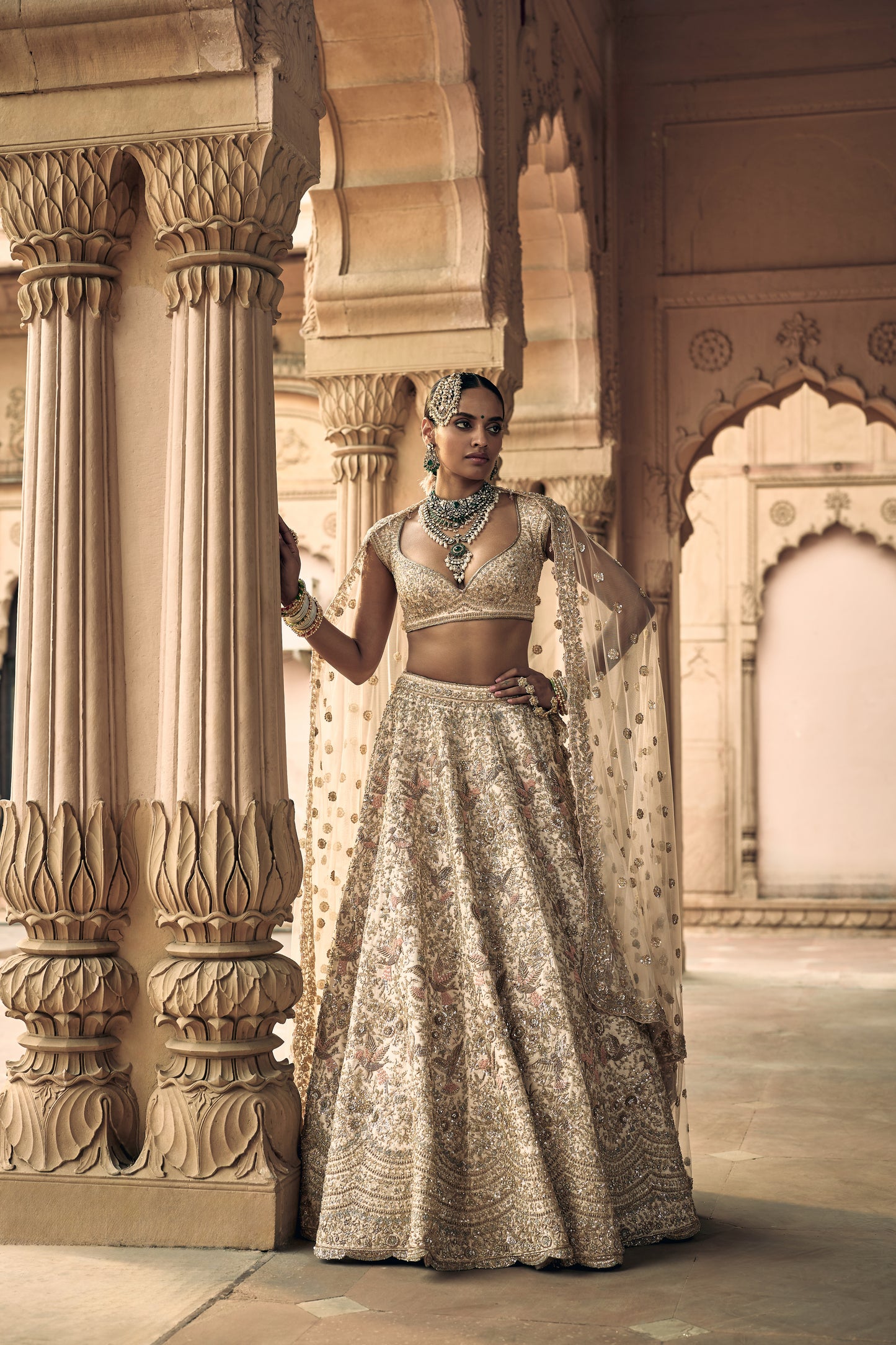 Peach Raw Silk Zari Hand & Machine Embroidered Lehenga Set