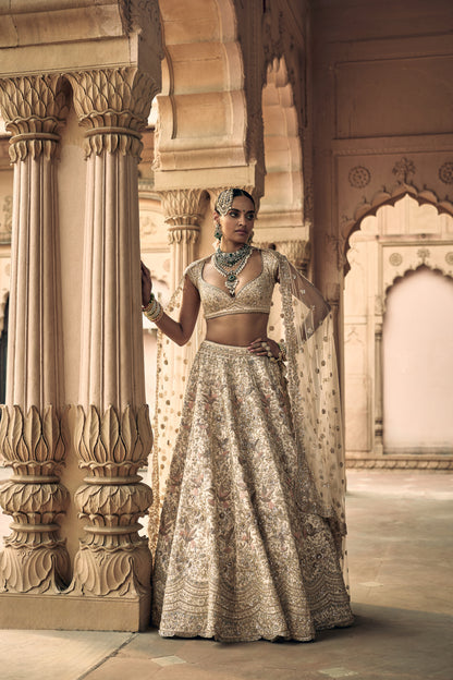 Peach Raw Silk Zari Hand & Machine Embroidered Lehenga Set