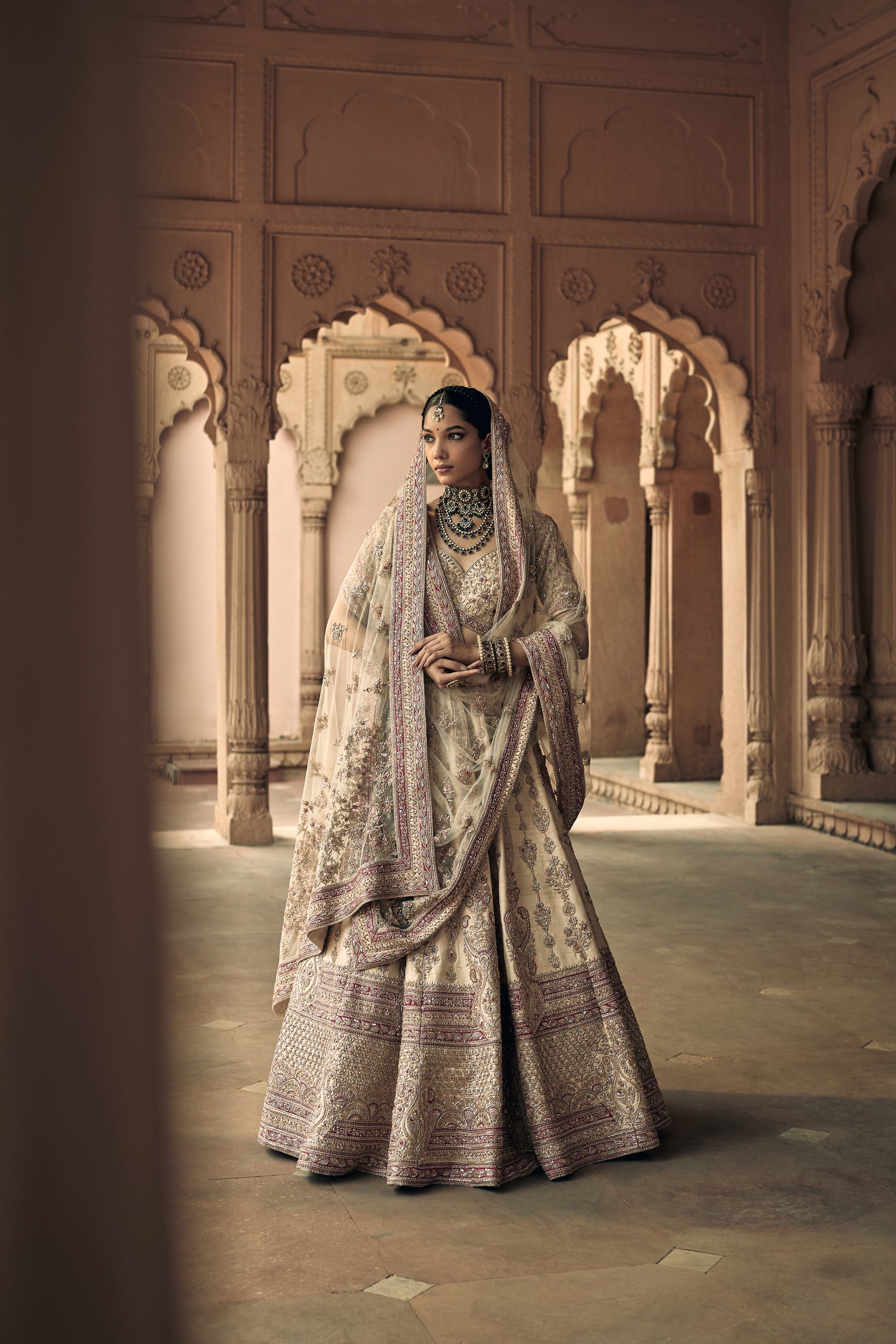 Peach Raw Silk Zari Hand & Machine Embroidered Lehenga Set