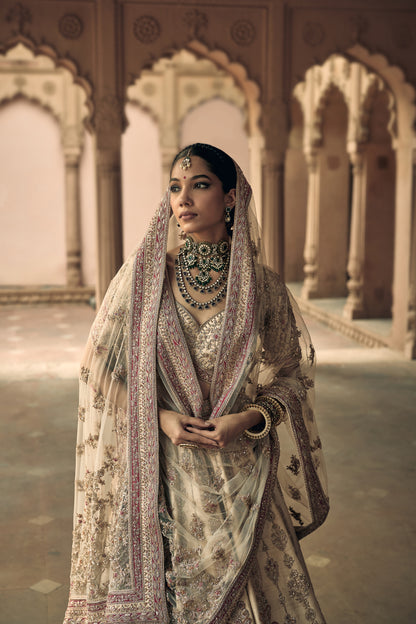 Peach Raw Silk Zari Hand & Machine Embroidered Lehenga Set