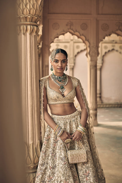 Peach Raw Silk Zari Hand & Machine Embroidered Lehenga Set
