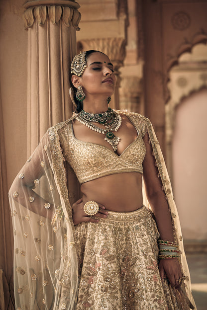 Peach Raw Silk Zari Hand & Machine Embroidered Lehenga Set