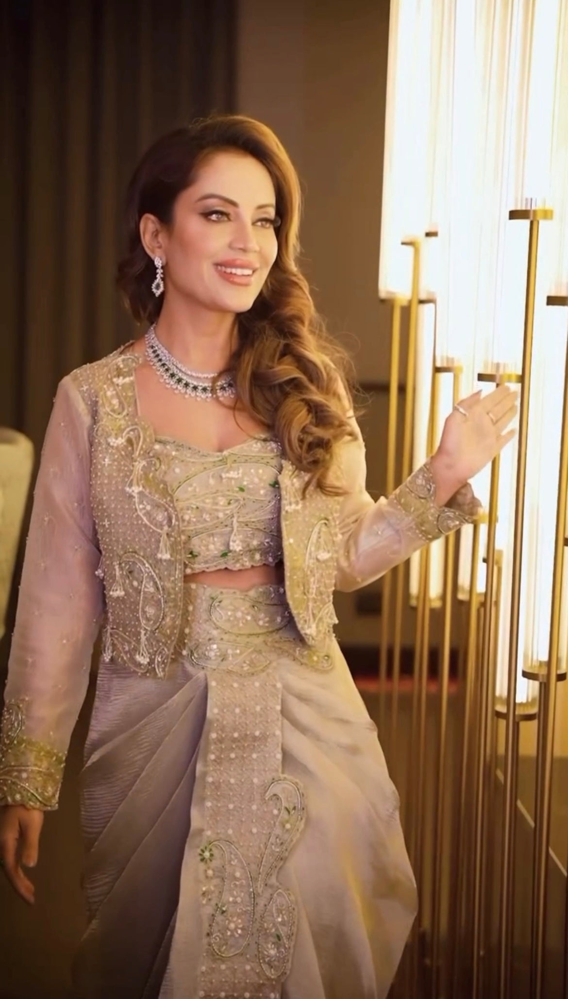 Priyankka agarwal Pearl Gold silk zari tissue draped skirt and croped jacket