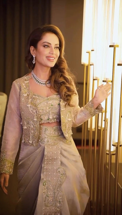 Priyankka agarwal Pearl Gold silk zari tissue draped skirt and croped jacket