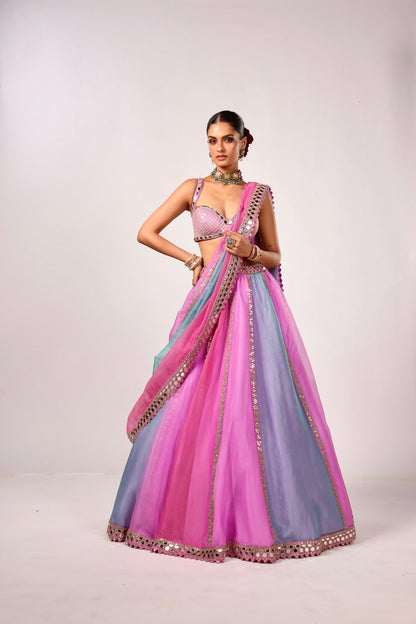 MAUVE MULTICOLOR LINEAR LEHENGA WITH SLEEVELESS BLOUSE