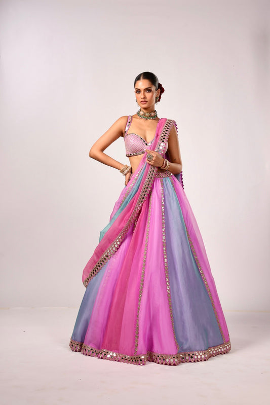 MAUVE MULTICOLOR LINEAR LEHENGA WITH SLEEVELESS BLOUSE