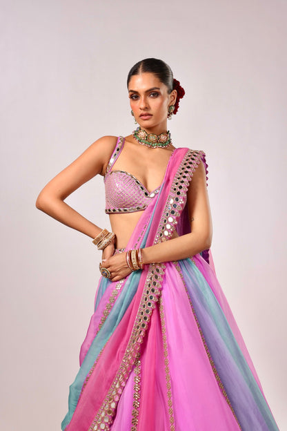 MAUVE MULTICOLOR LINEAR LEHENGA WITH SLEEVELESS BLOUSE