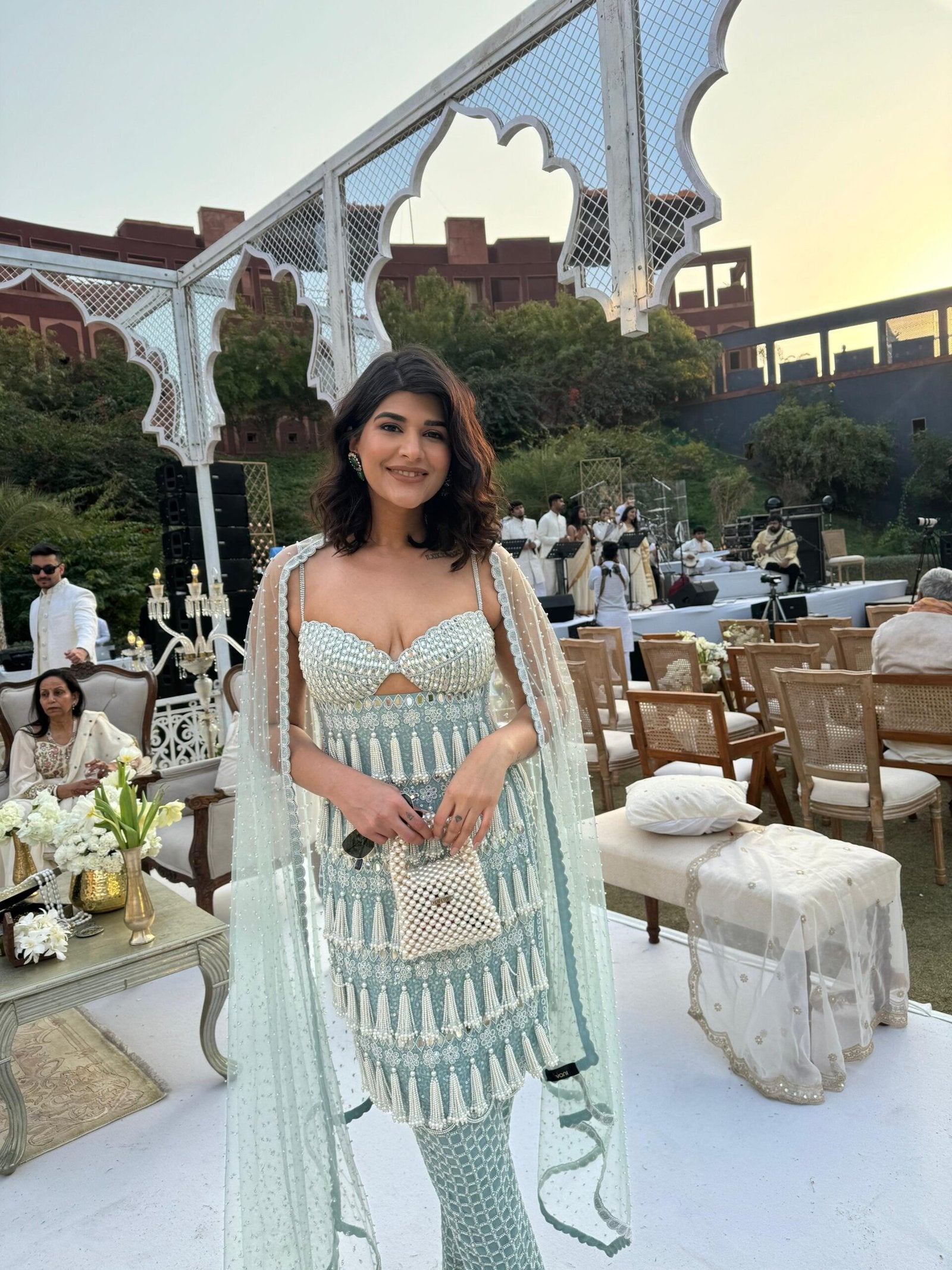 DEEKSHA KHURANA In Powder Blue Chandelier Pearl Drop Piroi Kurta Set