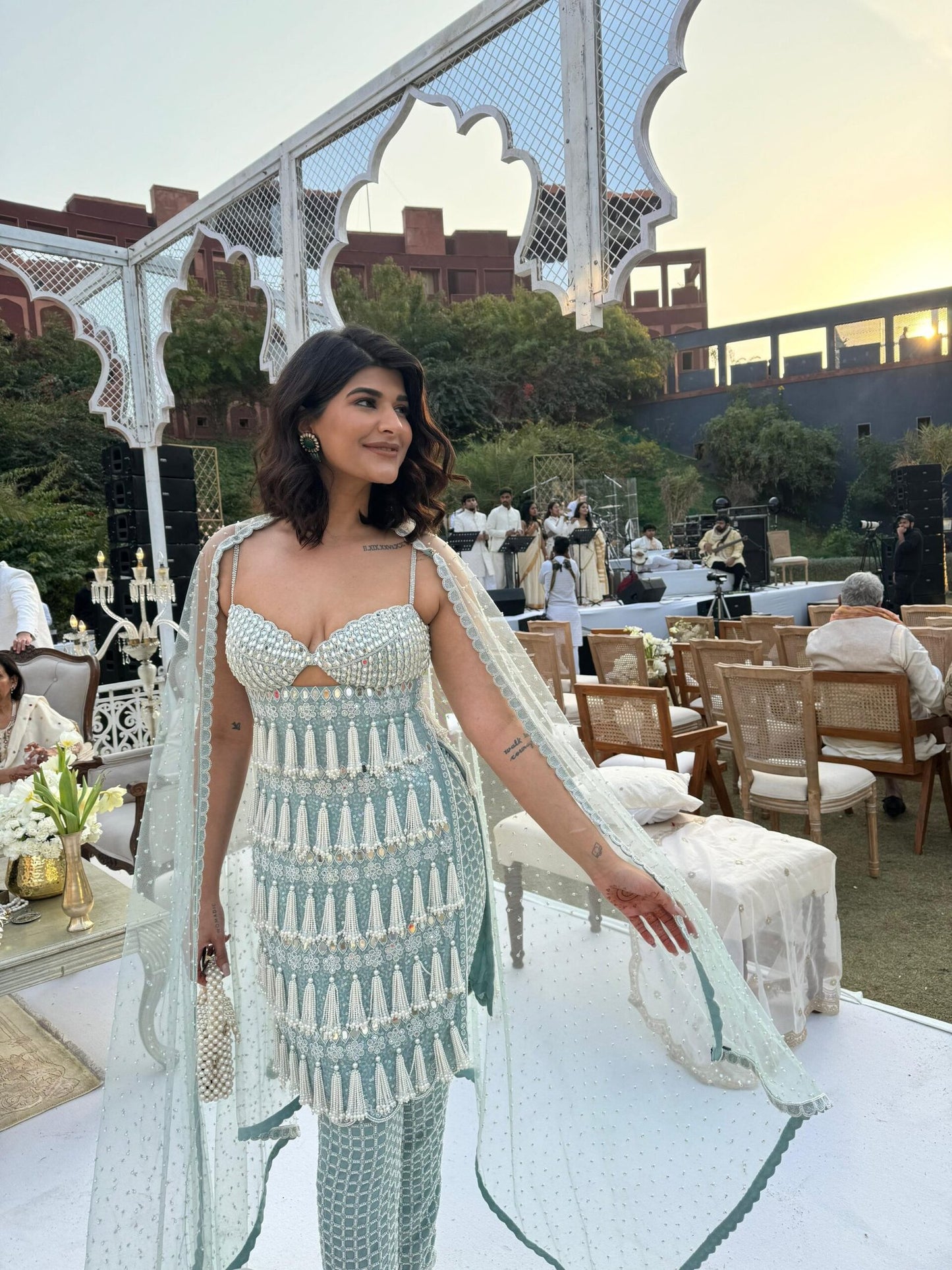 DEEKSHA KHURANA In Powder Blue Chandelier Pearl Drop Piroi Kurta Set