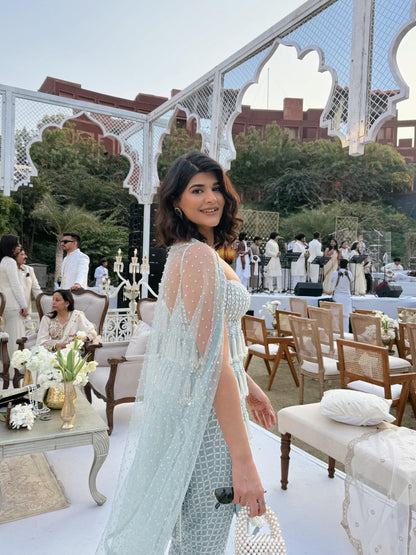 DEEKSHA KHURANA In Powder Blue Chandelier Pearl Drop Piroi Kurta Set