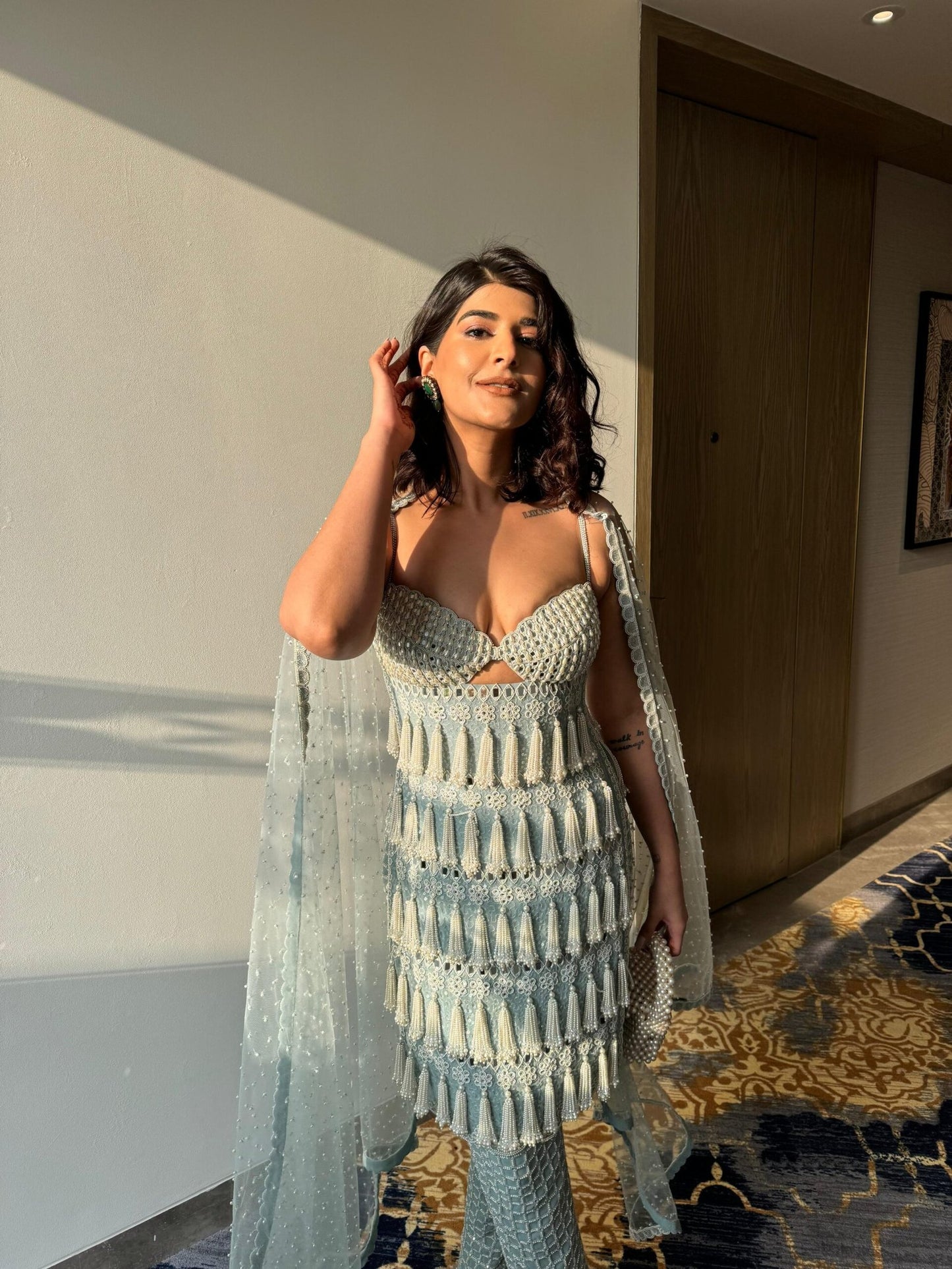 DEEKSHA KHURANA In Powder Blue Chandelier Pearl Drop Piroi Kurta Set
