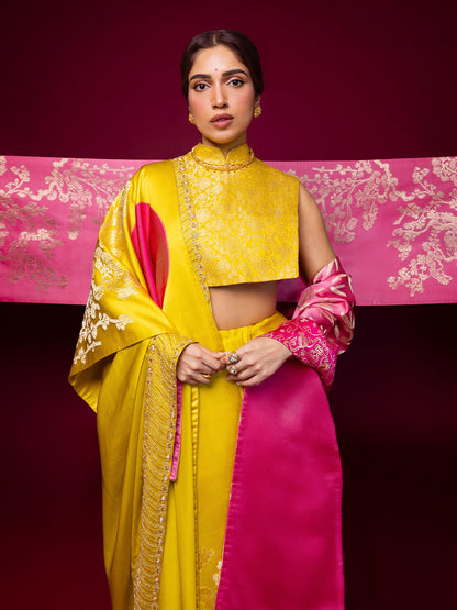 Handwoven Yellow Mashroo Silk Saree With Embroidered Border