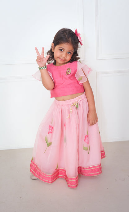 Pink Hand Painted Silk Blouse with Lehenga