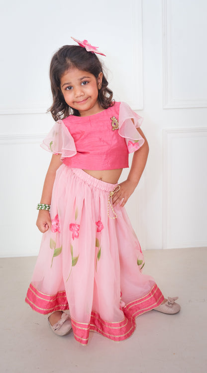 Pink Hand Painted Silk Blouse with Lehenga